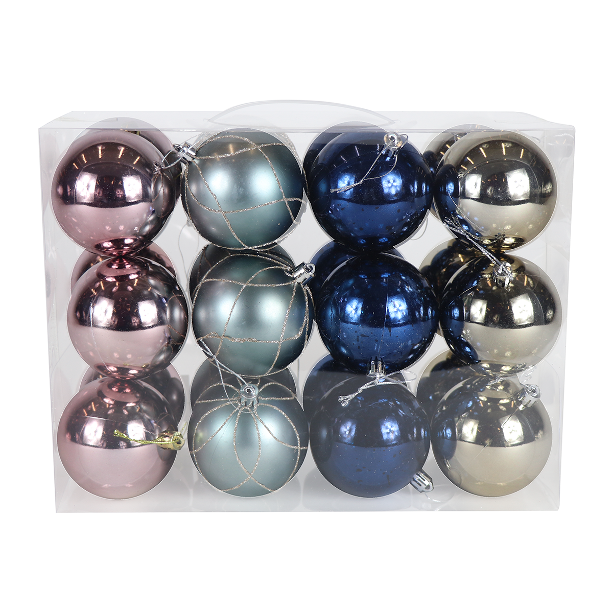 Esfera Navideña 8cm Azul, Plata, Plata Oscuro y Rose Gold 24pz
