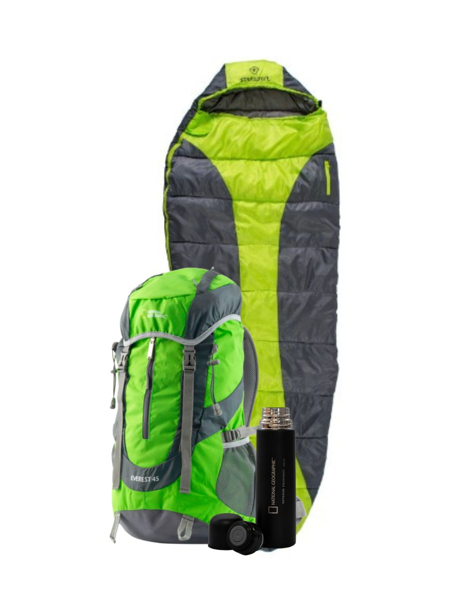 Sleeping Trekker Stansport Verde; Mochila Everest de 45 L verde/gris Y Termo Natgeo Bala Metálico de 500ml  