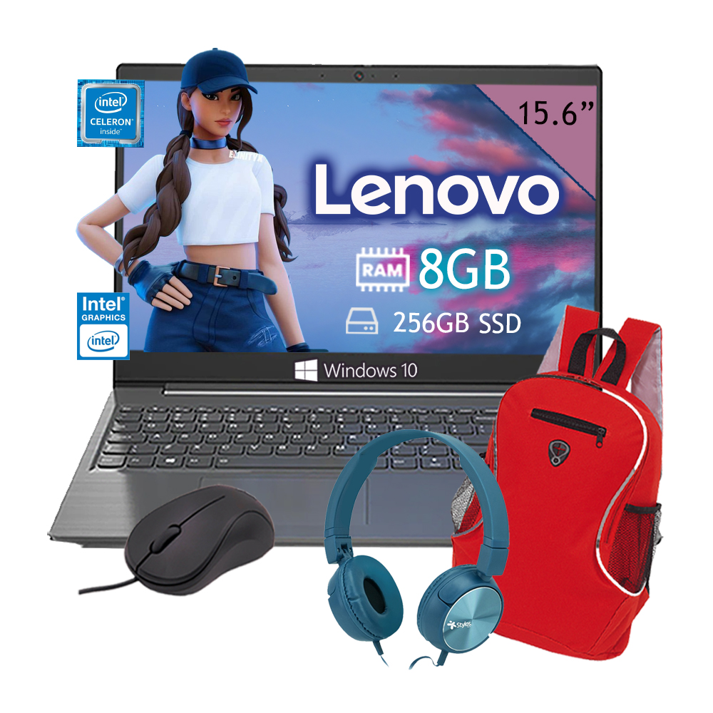 Laptop Lenovo V15-IGL Intel Celeron N4020 15.6''  SSD 256GB/ 8GB Windows 10 - Gris + Diadema + Mochila + Mouse
