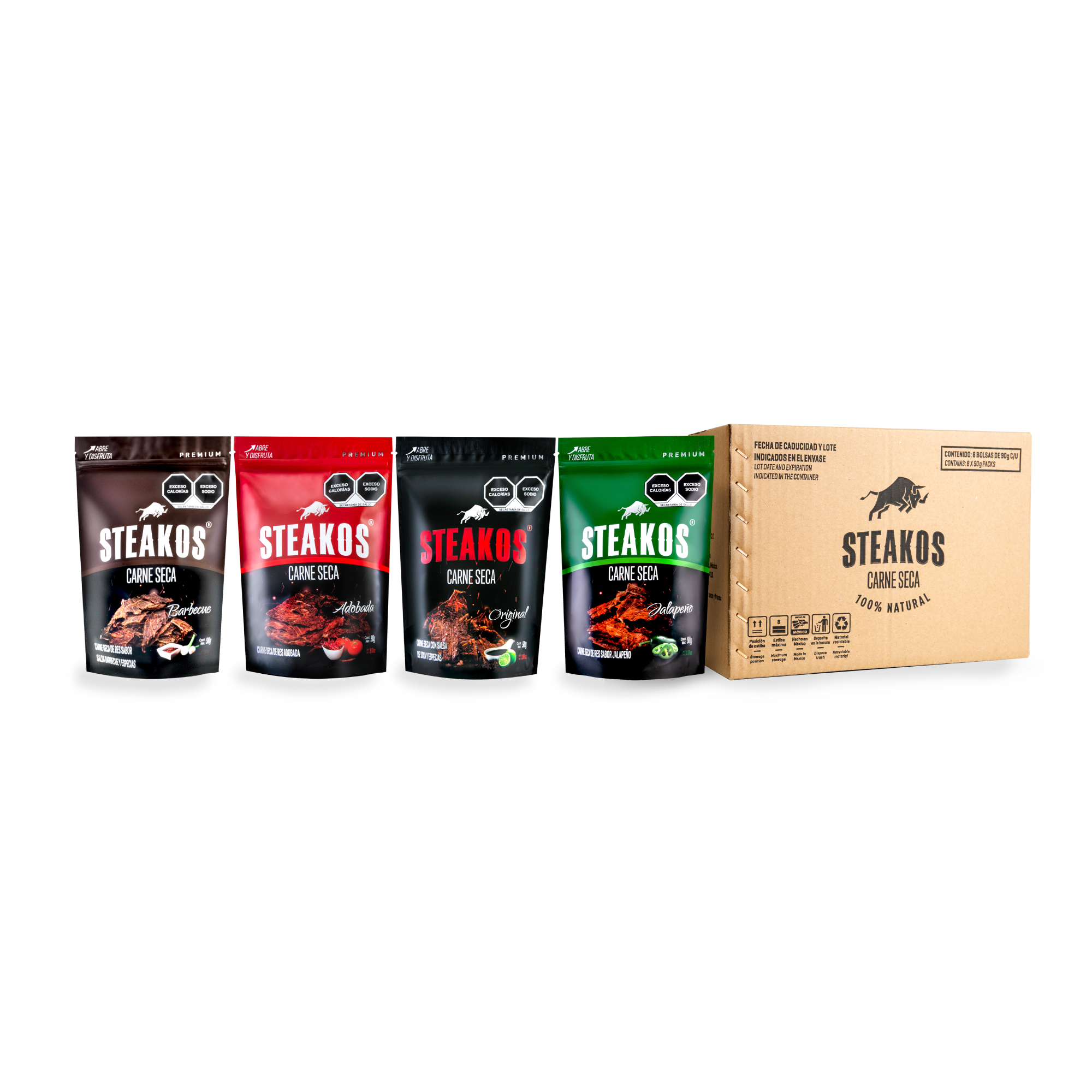 Carne Seca Steakos, Mix de Sabores, 90g (Pack de 8 pzs)