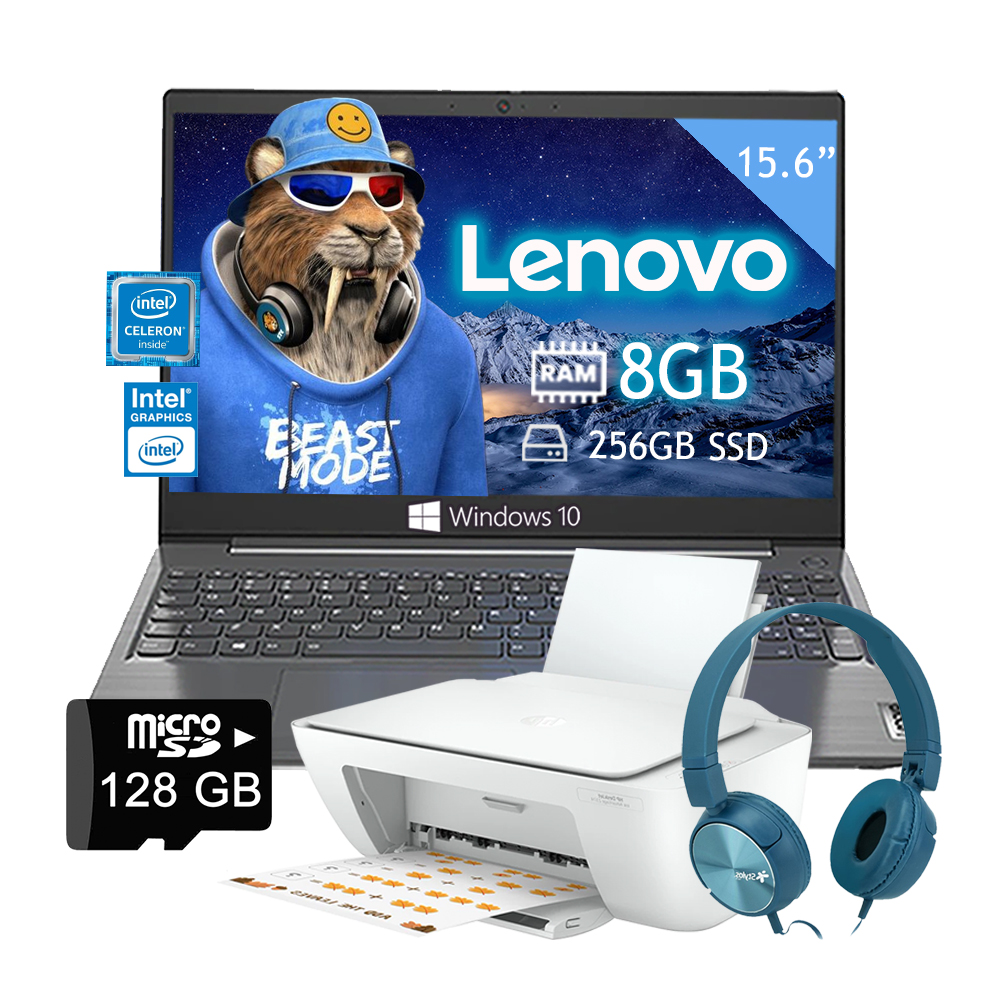 Laptop Lenovo V15-IGL Intel Celeron N4020 15.6''  SSD 256GB/ 8GB Windows 10 - Gris +Impresora + Diadema + Microsd 128GB