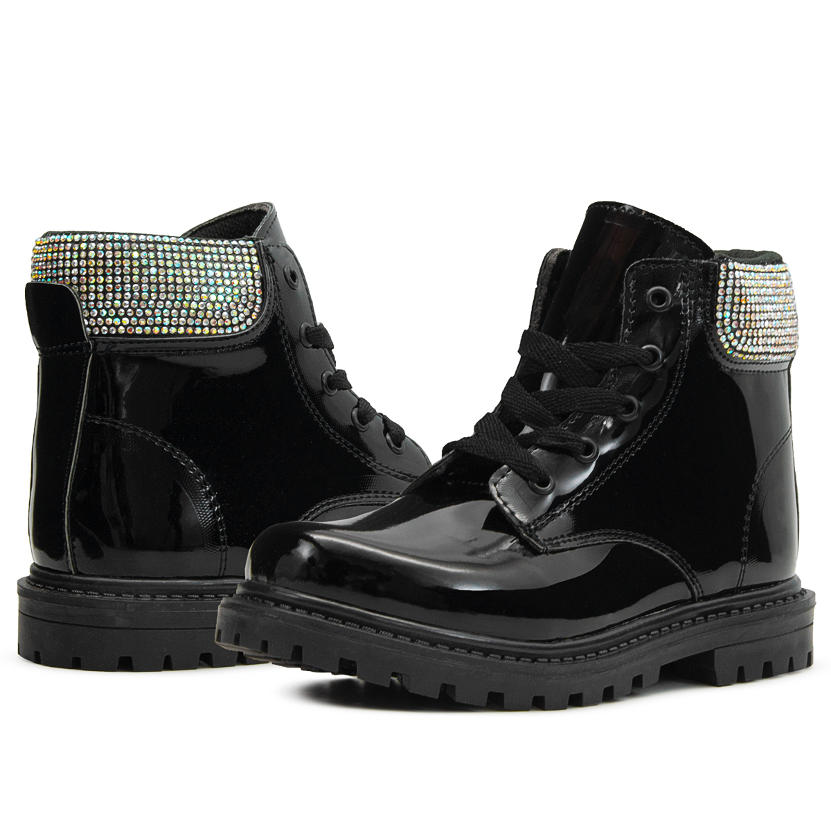 Bota Niña Moda Casual Brillos Tornasol Charol Negro Agujeta