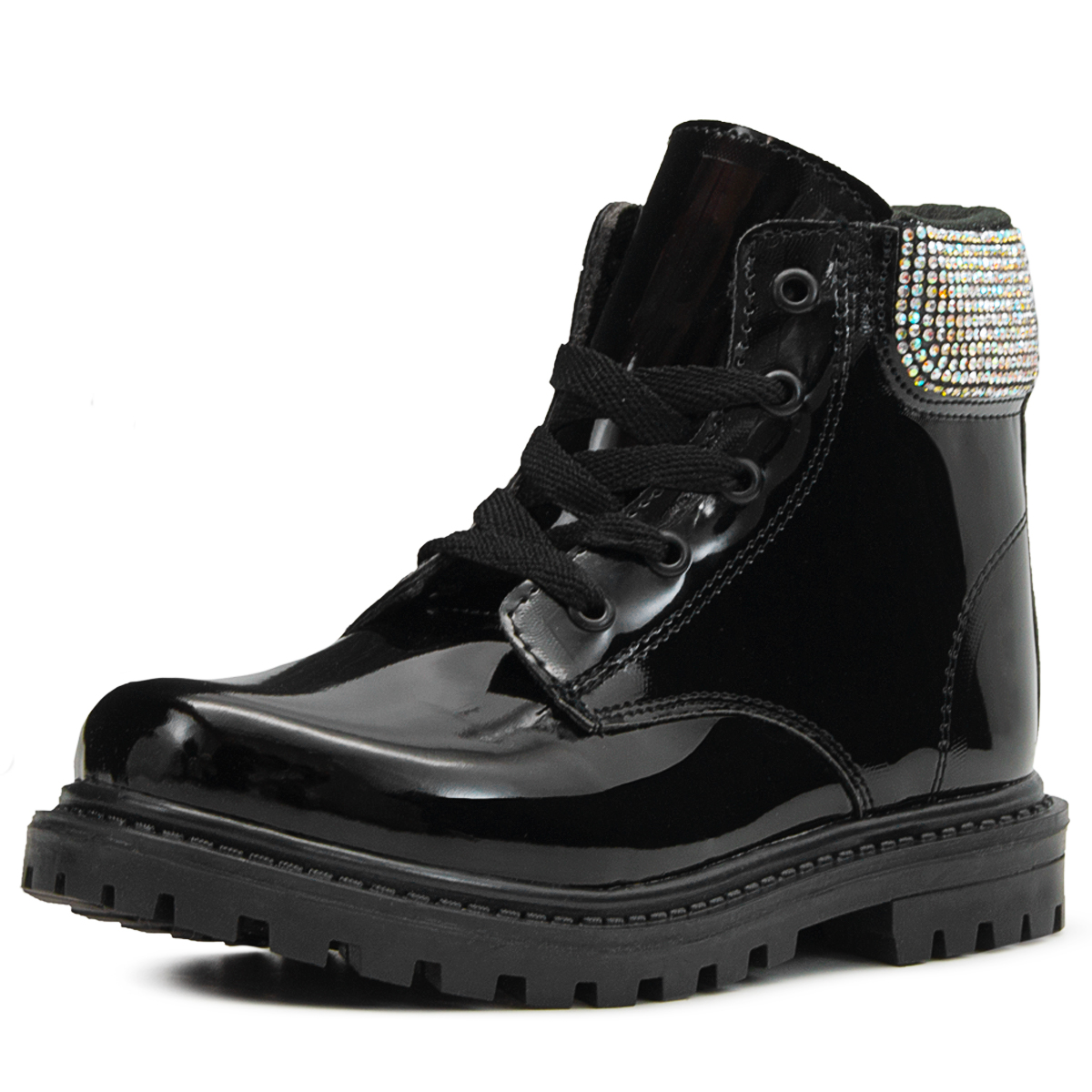 Bota Niña Moda Casual Brillos Tornasol Charol Negro Agujeta