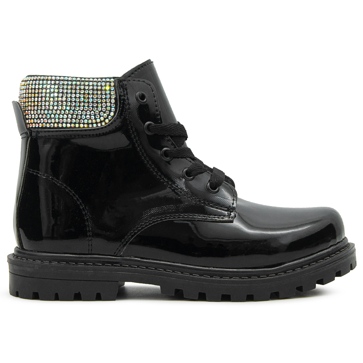 Bota Niña Moda Casual Brillos Tornasol Charol Negro Agujeta