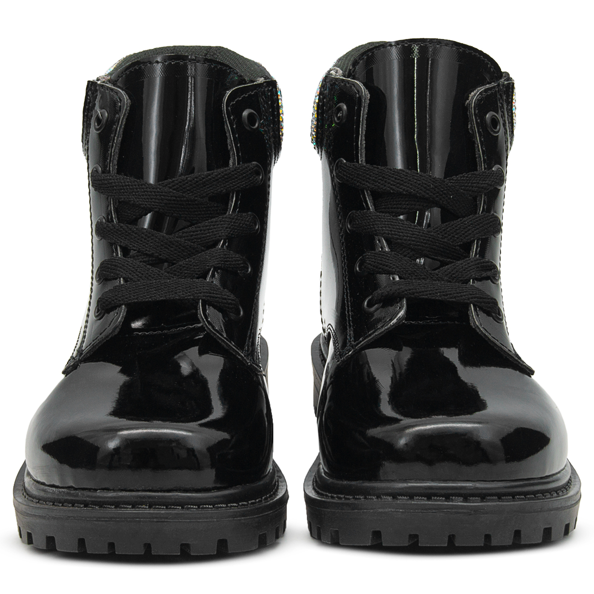 Bota Niña Moda Casual Brillos Tornasol Charol Negro Agujeta