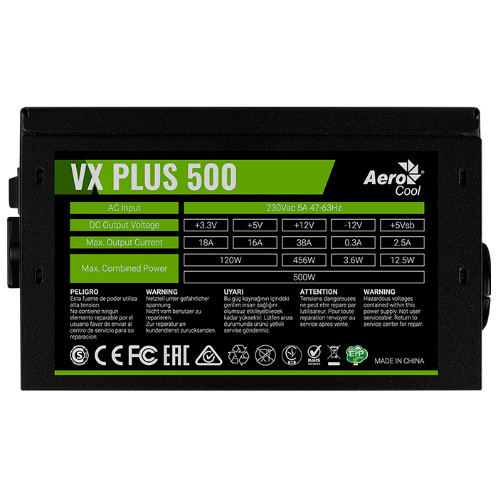 Fuente de Poder 500W AEROCOOL VX PLUS 500 Ensamble PC Gamer OEM 