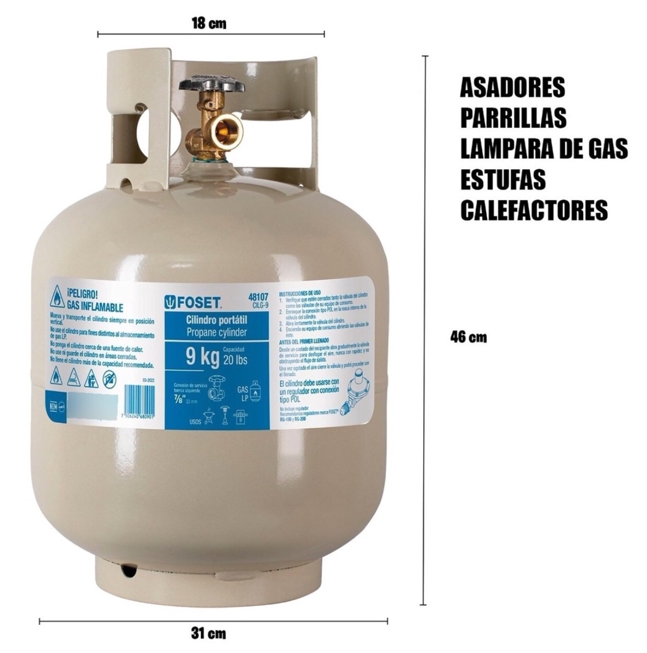 Tanque de gas Lp portátil cilindro pequeño de 9 kg ideal para estufas - parrillas Foset  