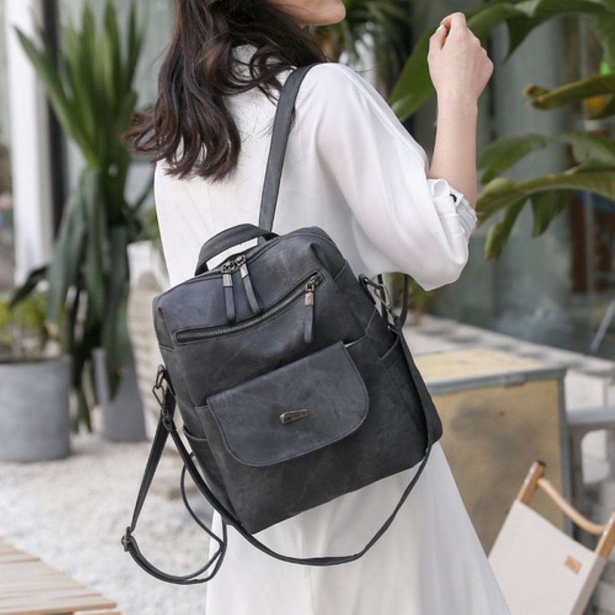 Mochila Antirrobo De Cuero Sintético Impermeable Para Mujer Negro 