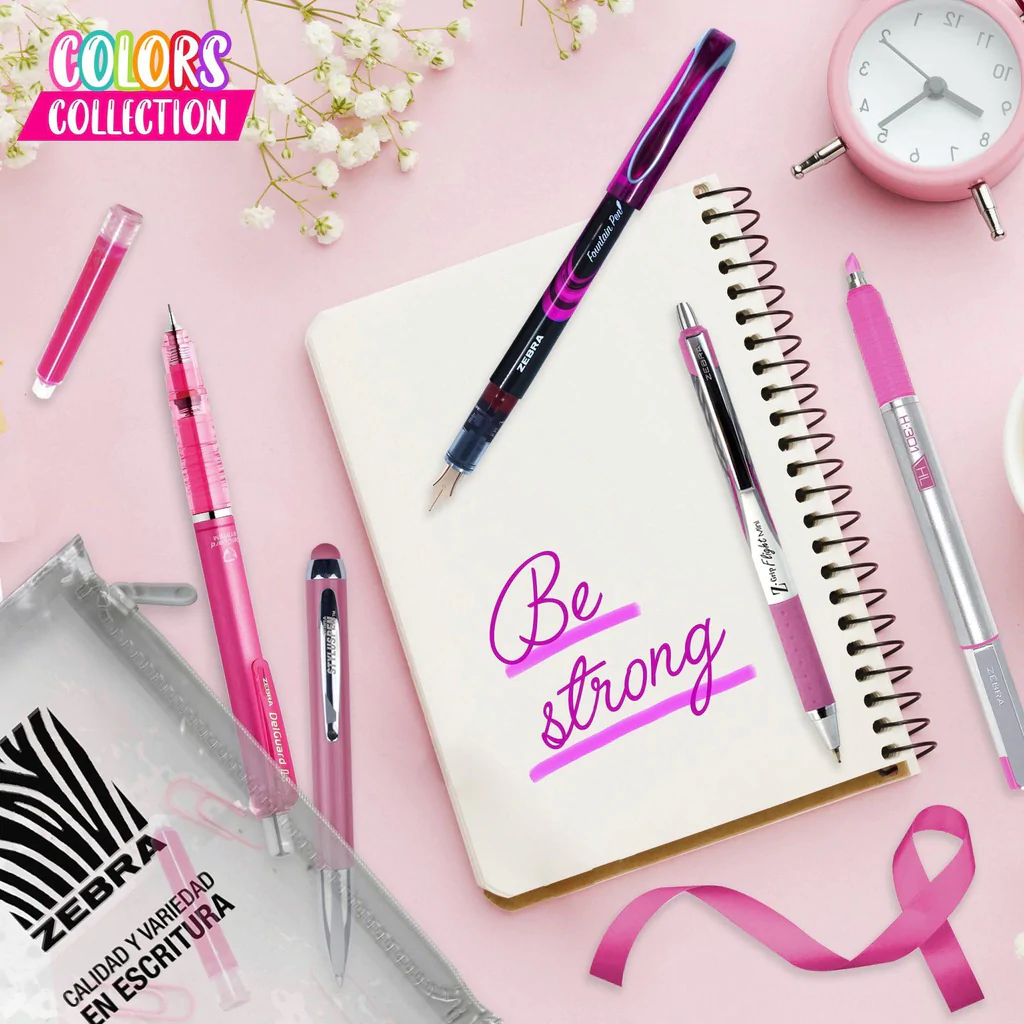 Paquete Rosa: 2 Bolígrafos + Pluma Fuente + Portaminas + Resaltador Zebra