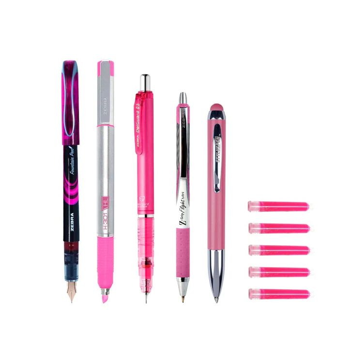 Paquete Rosa: 2 Bolígrafos + Pluma Fuente + Portaminas + Resaltador Zebra