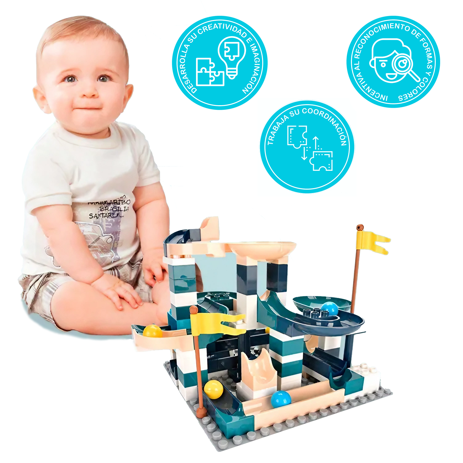 Juego de bloques para armado de pista de canicas creativa