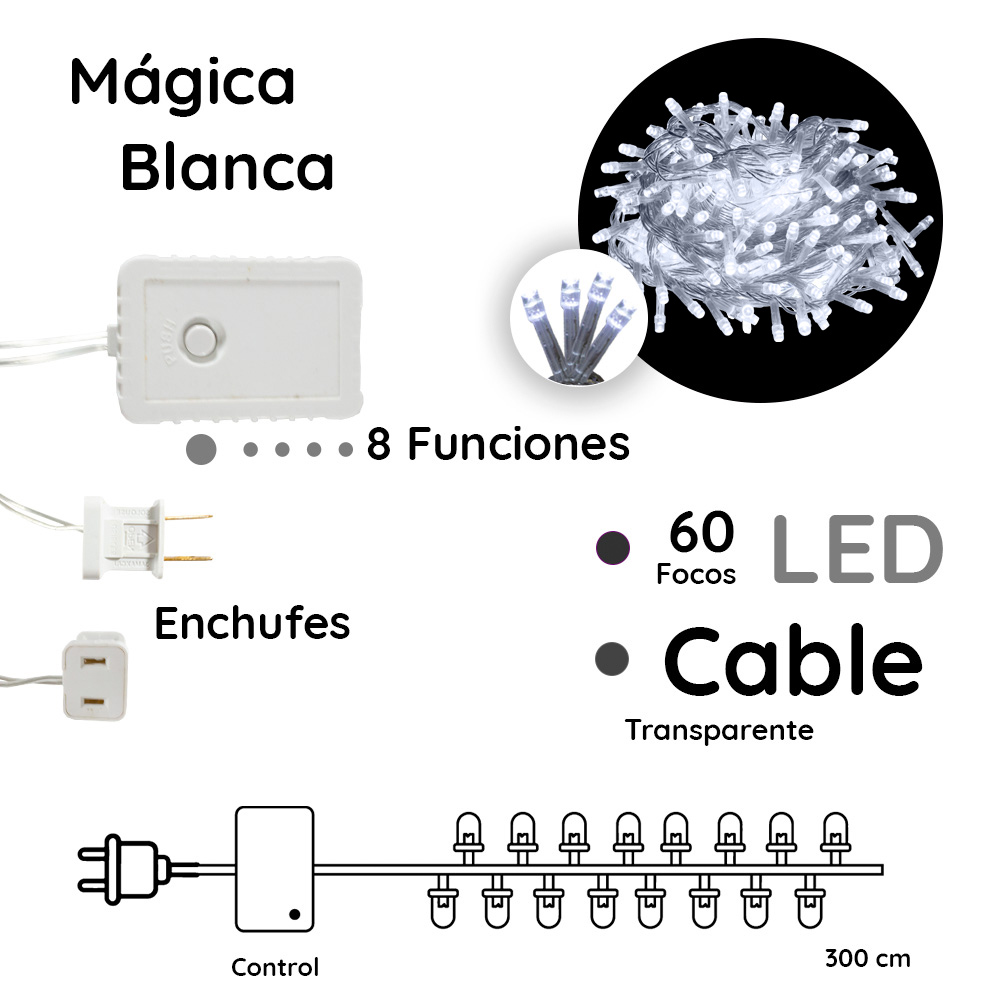 Serie Navideña 60 Led Luz Blanca 3 Mts 8 Funciones Cable Transparente