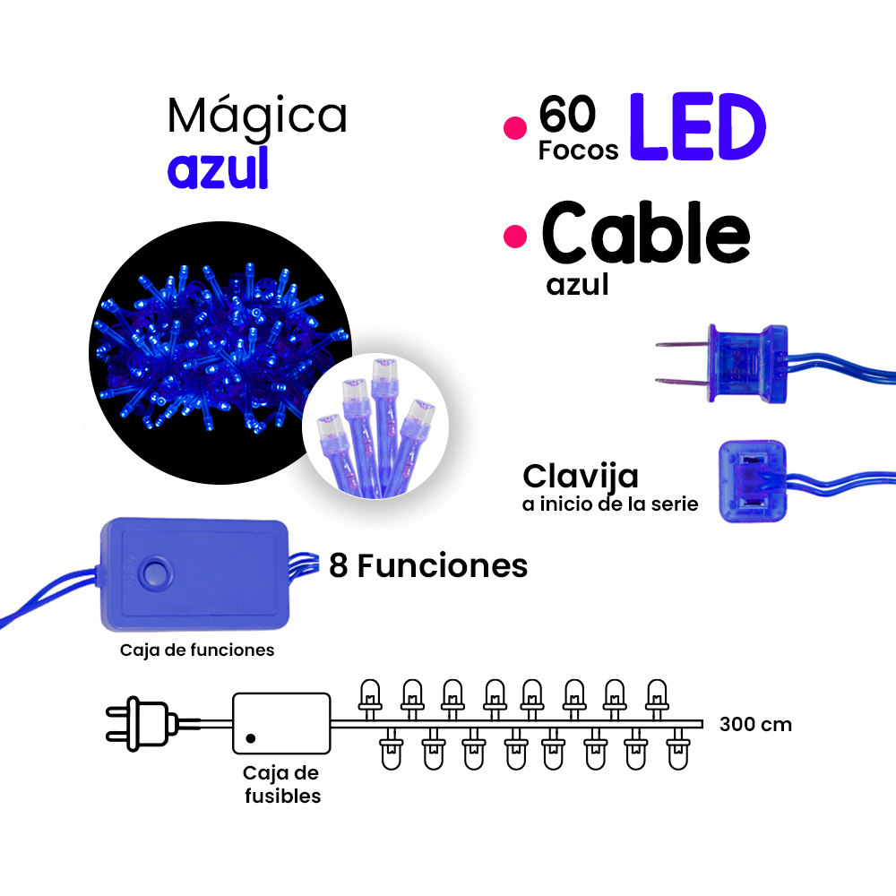 Tira Decorativa 60 Focos Luz Led Azul 8 Funciones Cable Azul 3 m