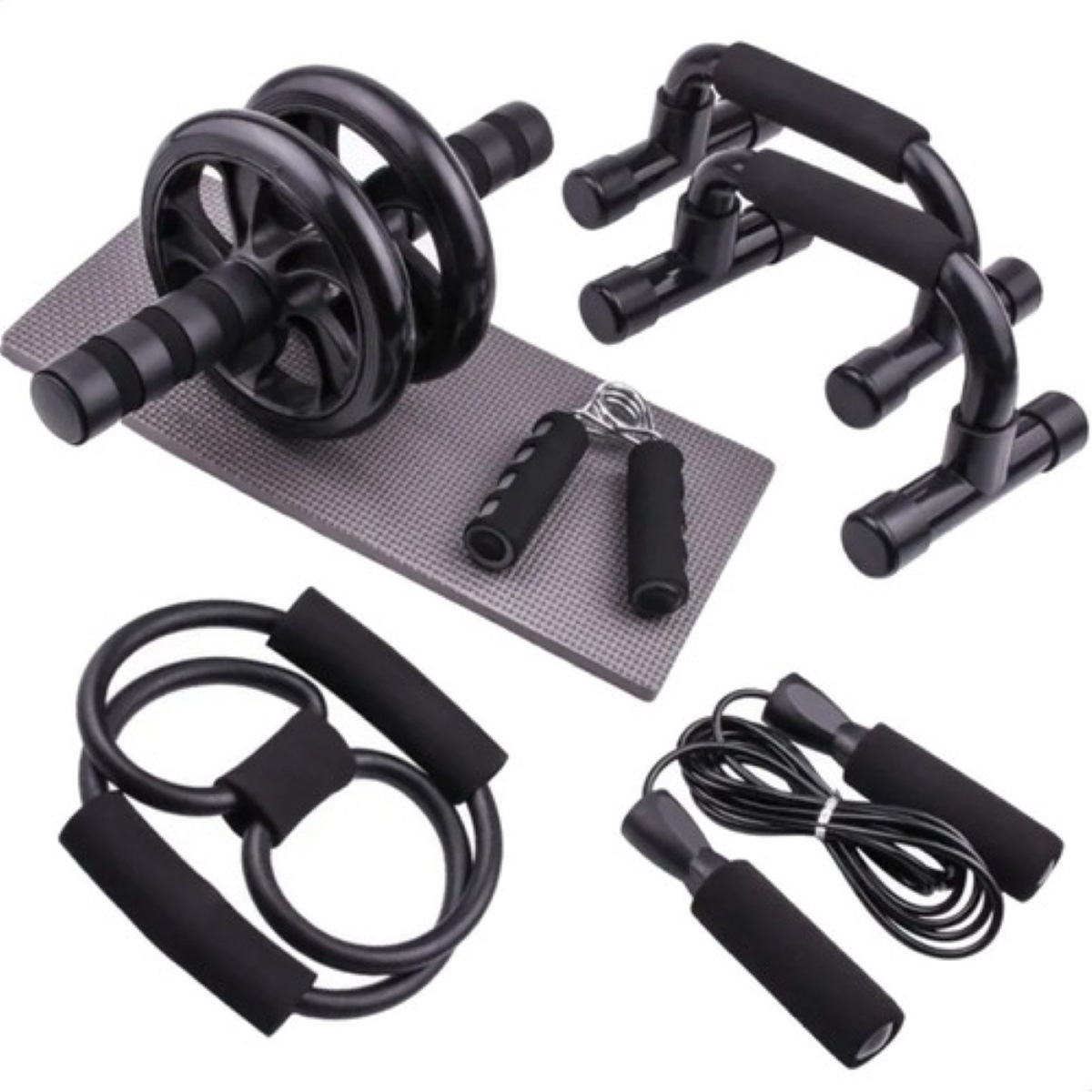 Kit Ejercicio 6 En 1 Rodillo Abdominal Barras Push-up Cuerda negro 
