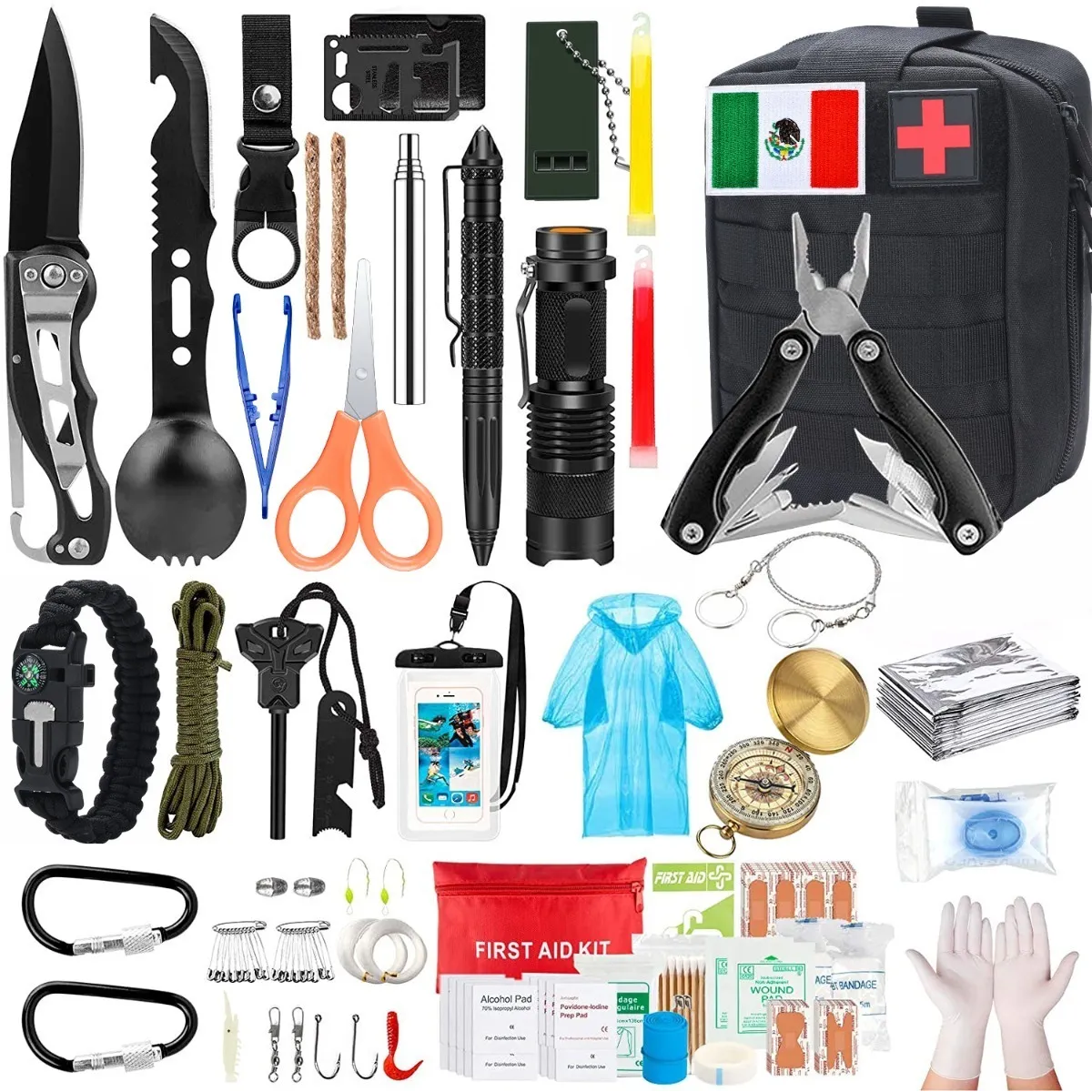 Kit De Survie 14 En 1 - Équipement Extérieur Camping Tactique SOS - Noir