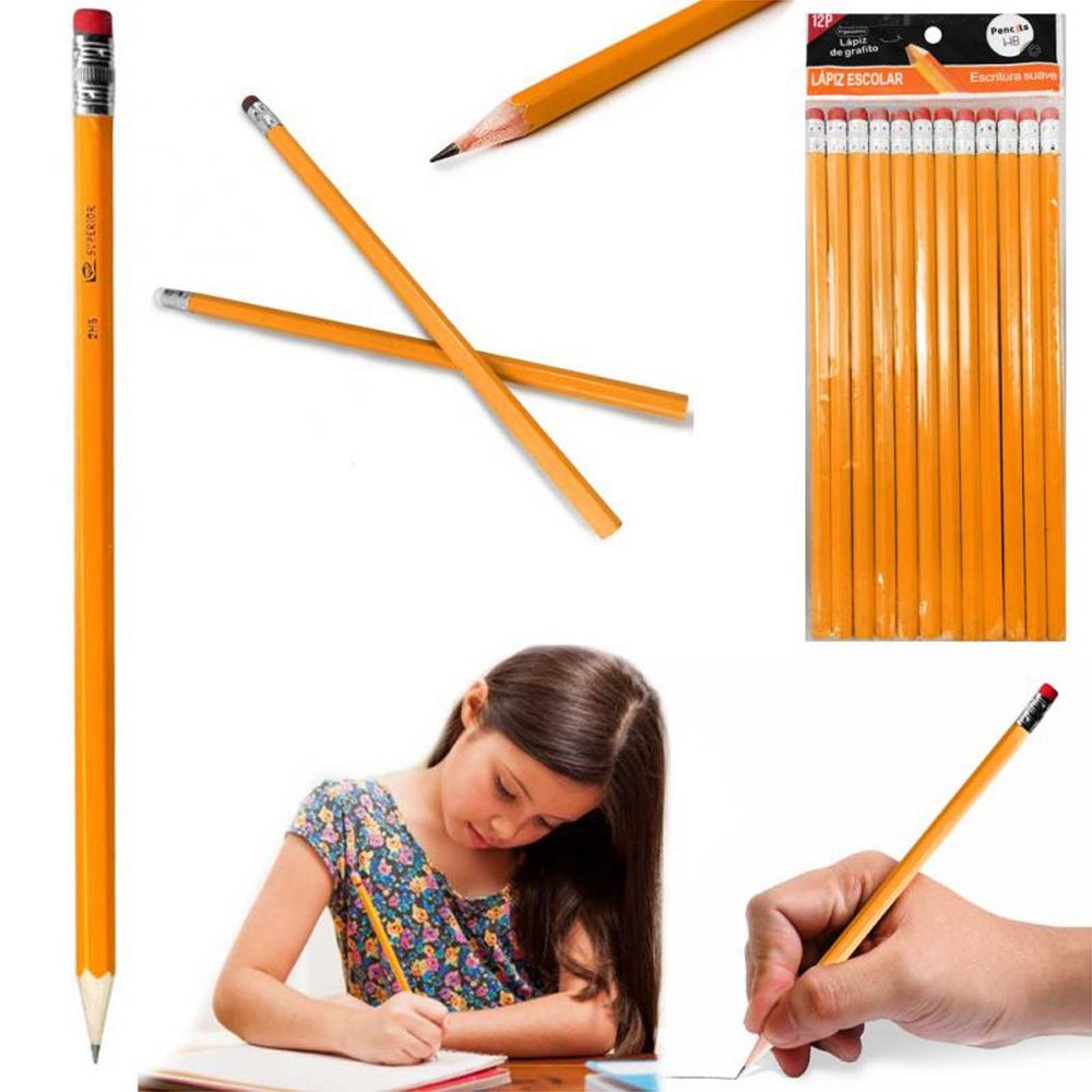 6 Lapiz de madera HB con goma escolar