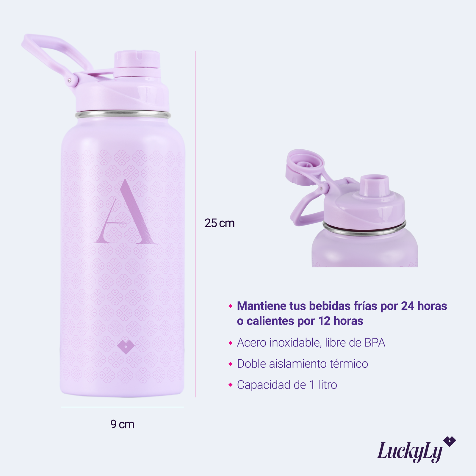 LuckyLy Termo de Acero Inoxidable Iniciales 1 Litro , Doble Aislamiento Térmico y Tapa Hermética Antigoteo, Botella de Agua Motivacional - Modelo Terry, Letra V
