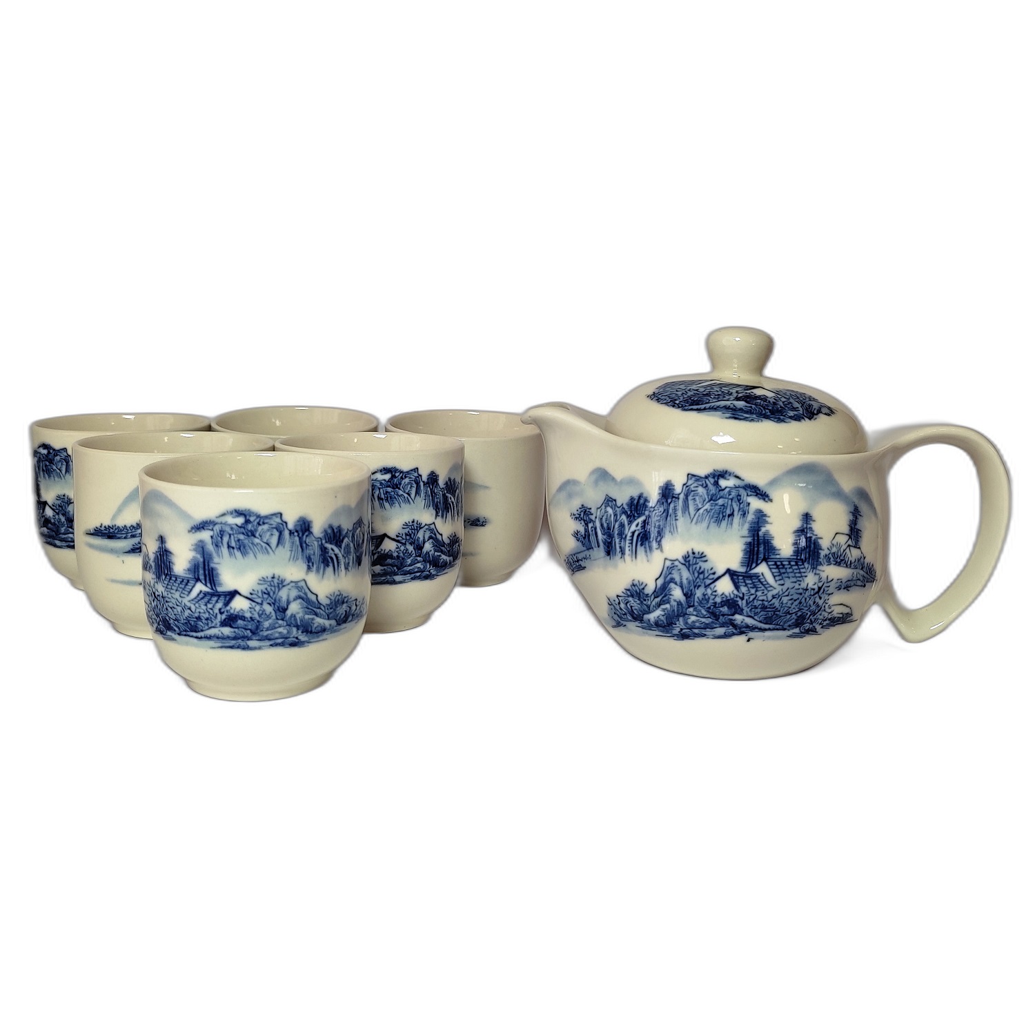 Juego de Té Kung Fu Paisaje Oriental en Cerámica Azul Blanca - Incluye Tetera y 6 Tazas 