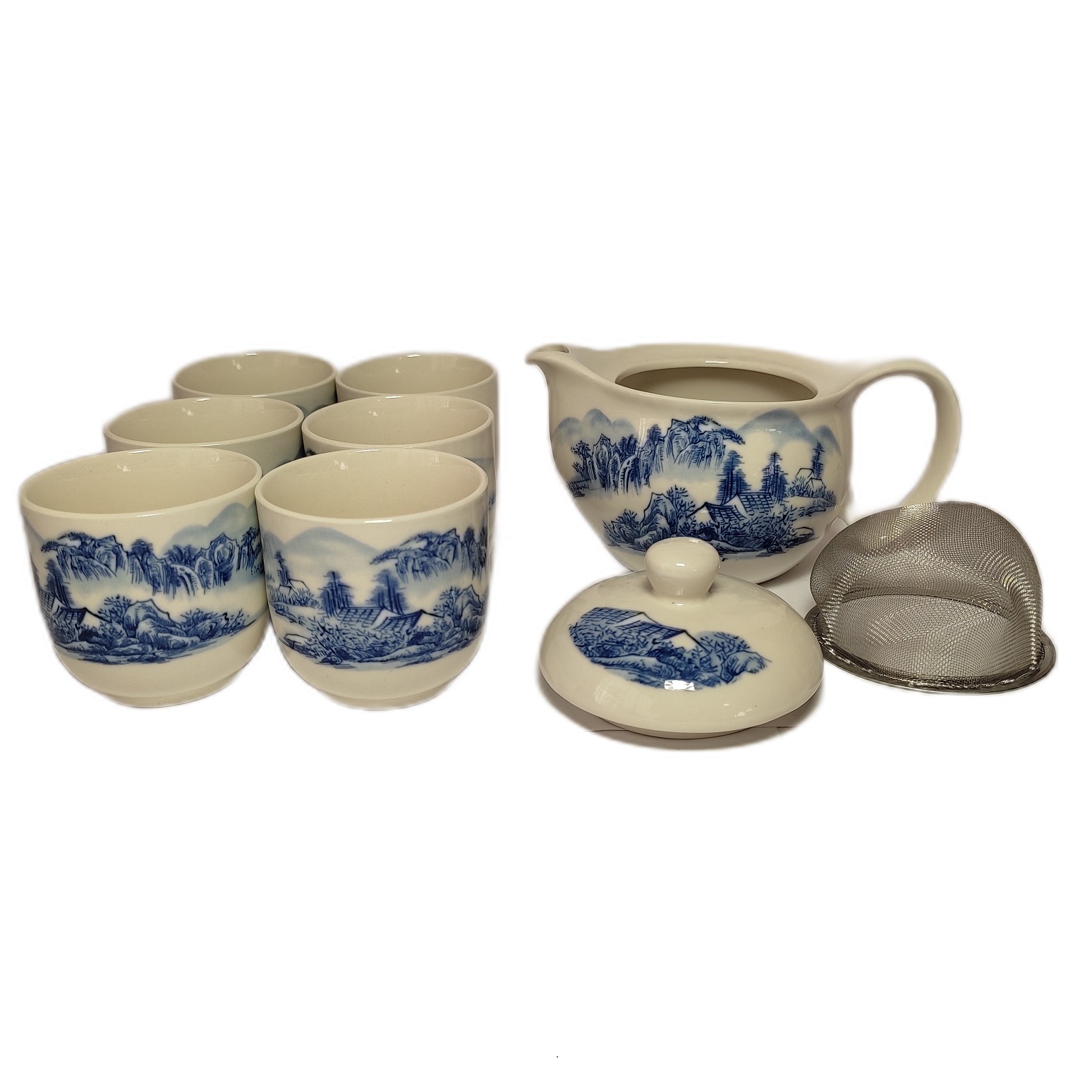 Juego de Té Kung Fu Paisaje Oriental en Cerámica Azul Blanca - Incluye Tetera y 6 Tazas 