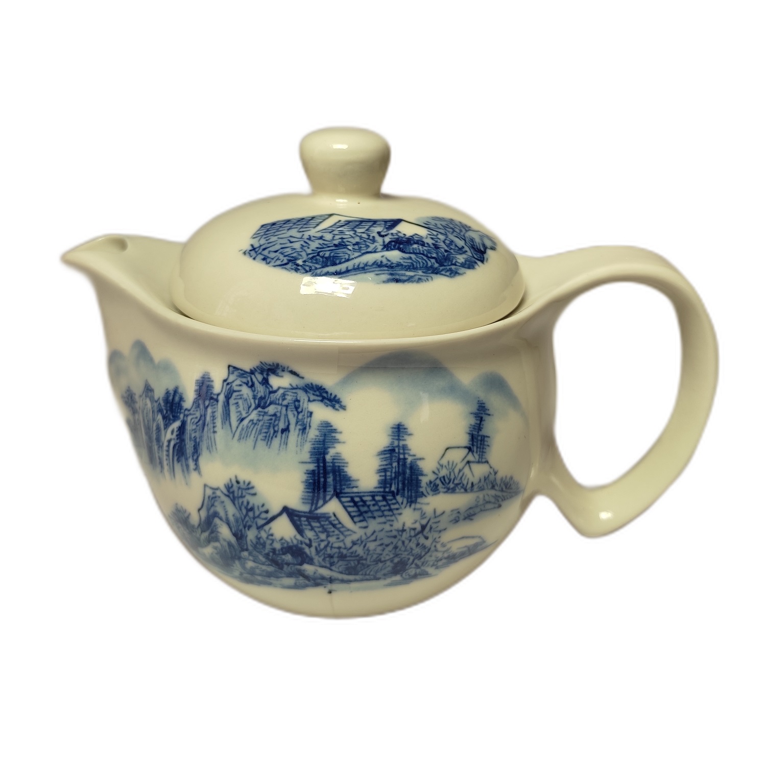 Juego de Té Kung Fu Paisaje Oriental en Cerámica Azul Blanca - Incluye Tetera y 6 Tazas 