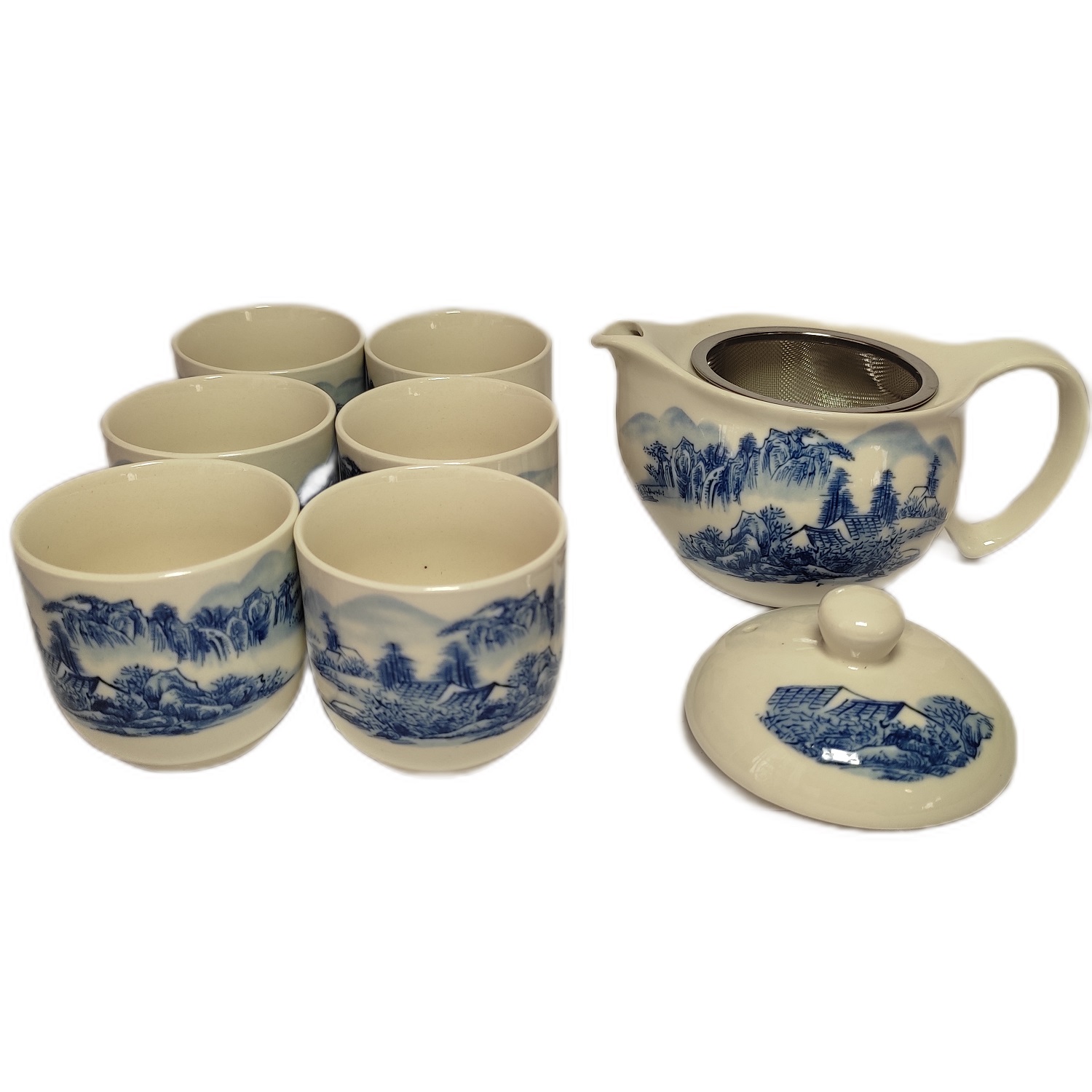 Juego de Té Kung Fu Paisaje Oriental en Cerámica Azul Blanca - Incluye Tetera y 6 Tazas 