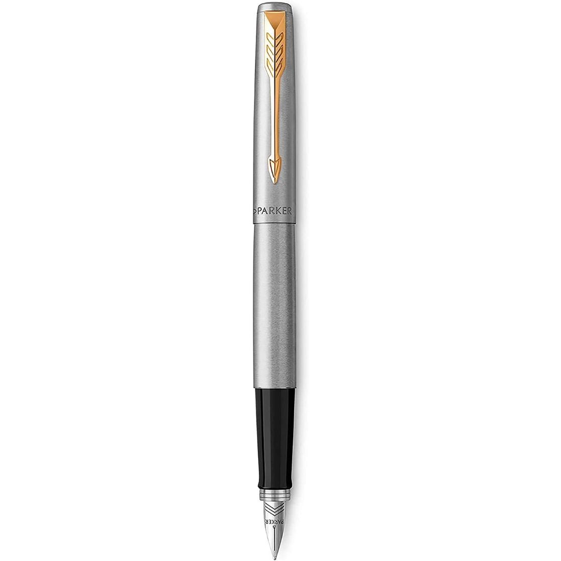 Pluma Estilográfica PARKER Jotter, Eje de Acero Inoxidable con Adornos Dorados, Tinta Azul