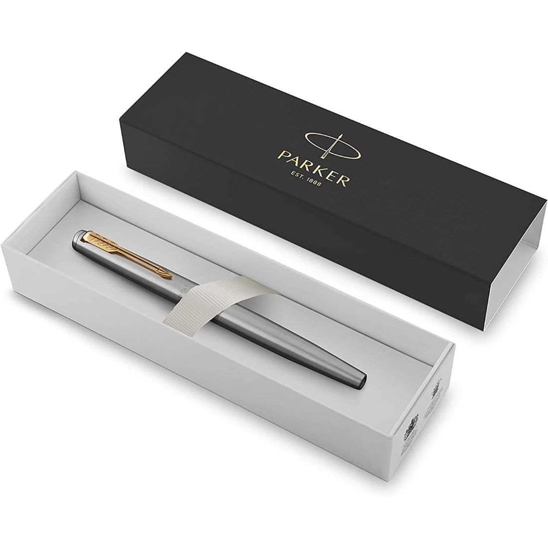 Pluma Estilográfica PARKER Jotter, Eje de Acero Inoxidable con Adornos Dorados, Tinta Azul