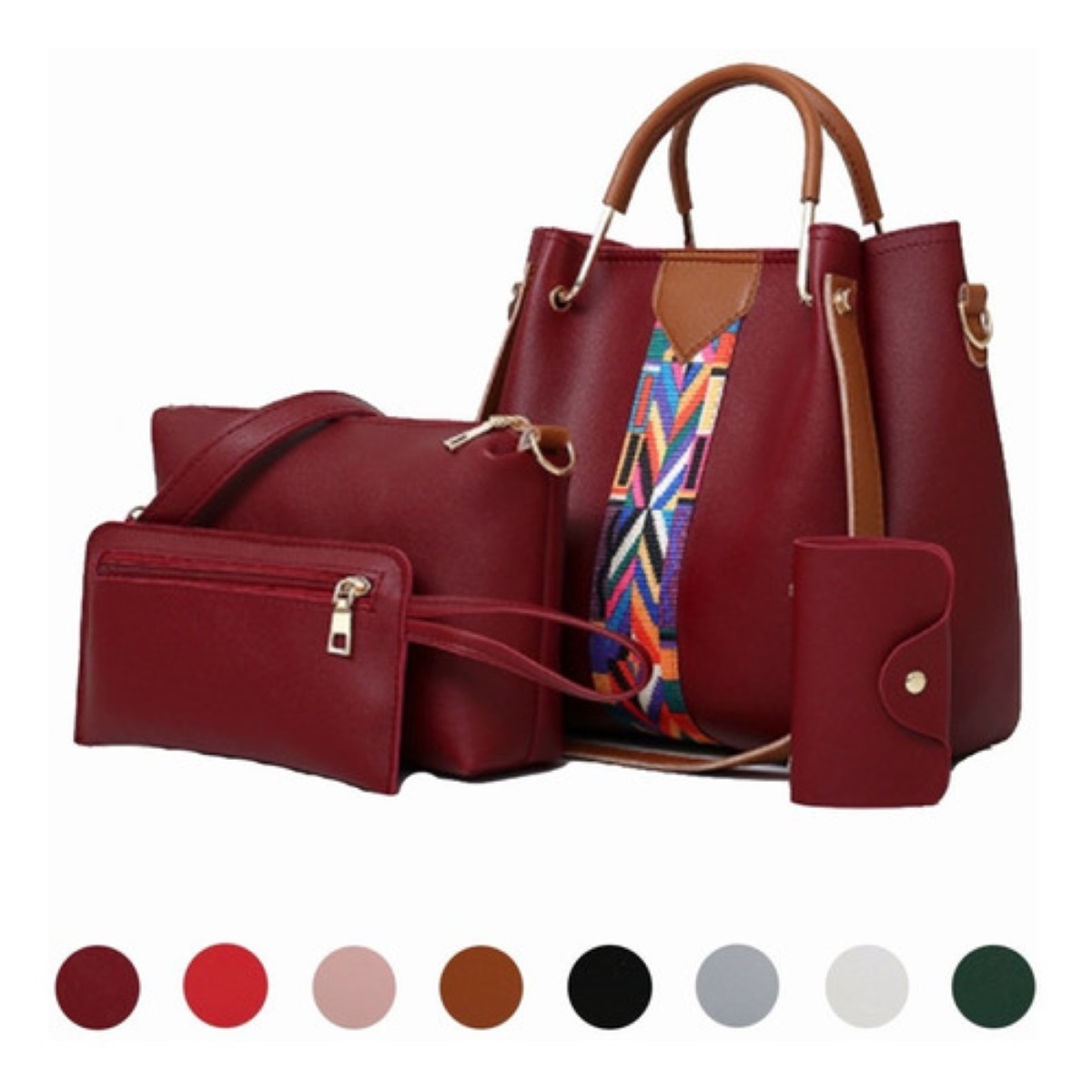 Set 4 Bolsas Moderna Mujer Dama Cuero Sintetico Vino 