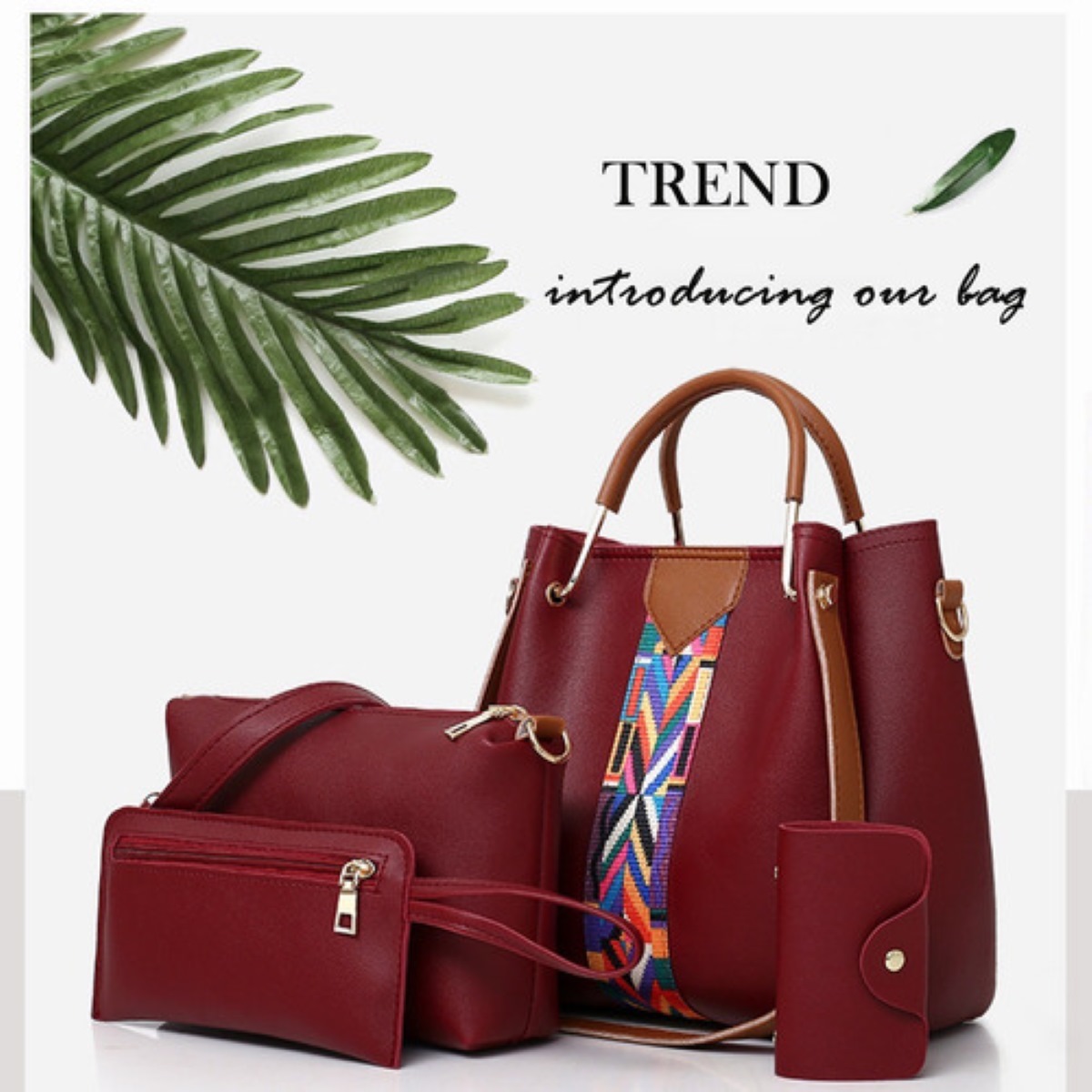 Set 4 Bolsas Moderna Mujer Dama Cuero Sintetico Vino 