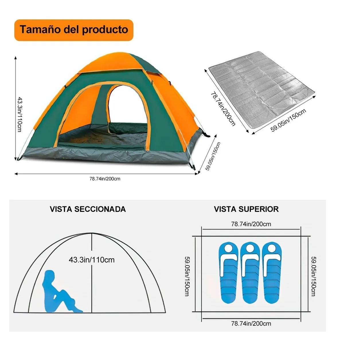 Tienda de acampar 2 personas Naranja c/verde