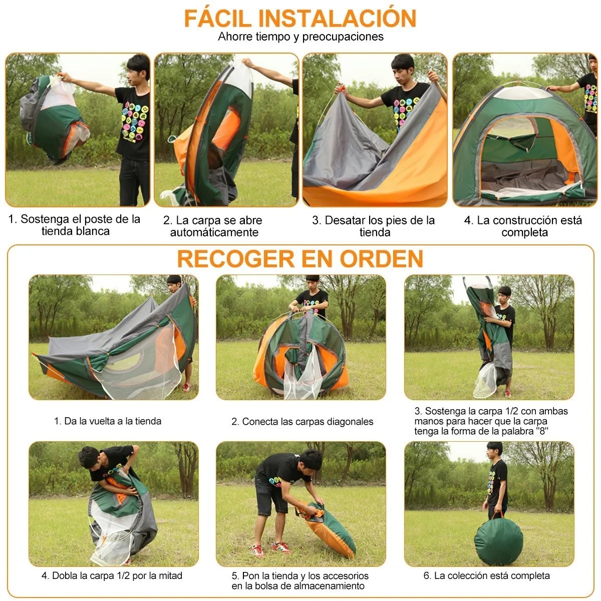 Tienda de acampar 2 personas Naranja c/verde