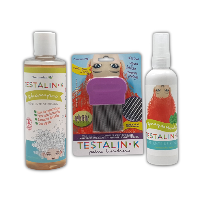 Kit Elimina Piojos, Shampoo, Lendrera, Repelente, Testalin-k