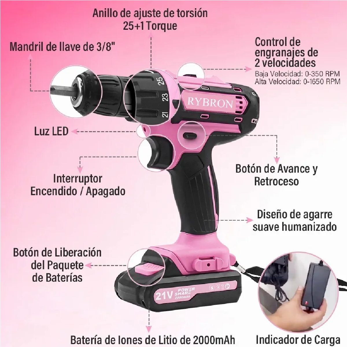 Taladro Electrico Inalambrico Rosa 