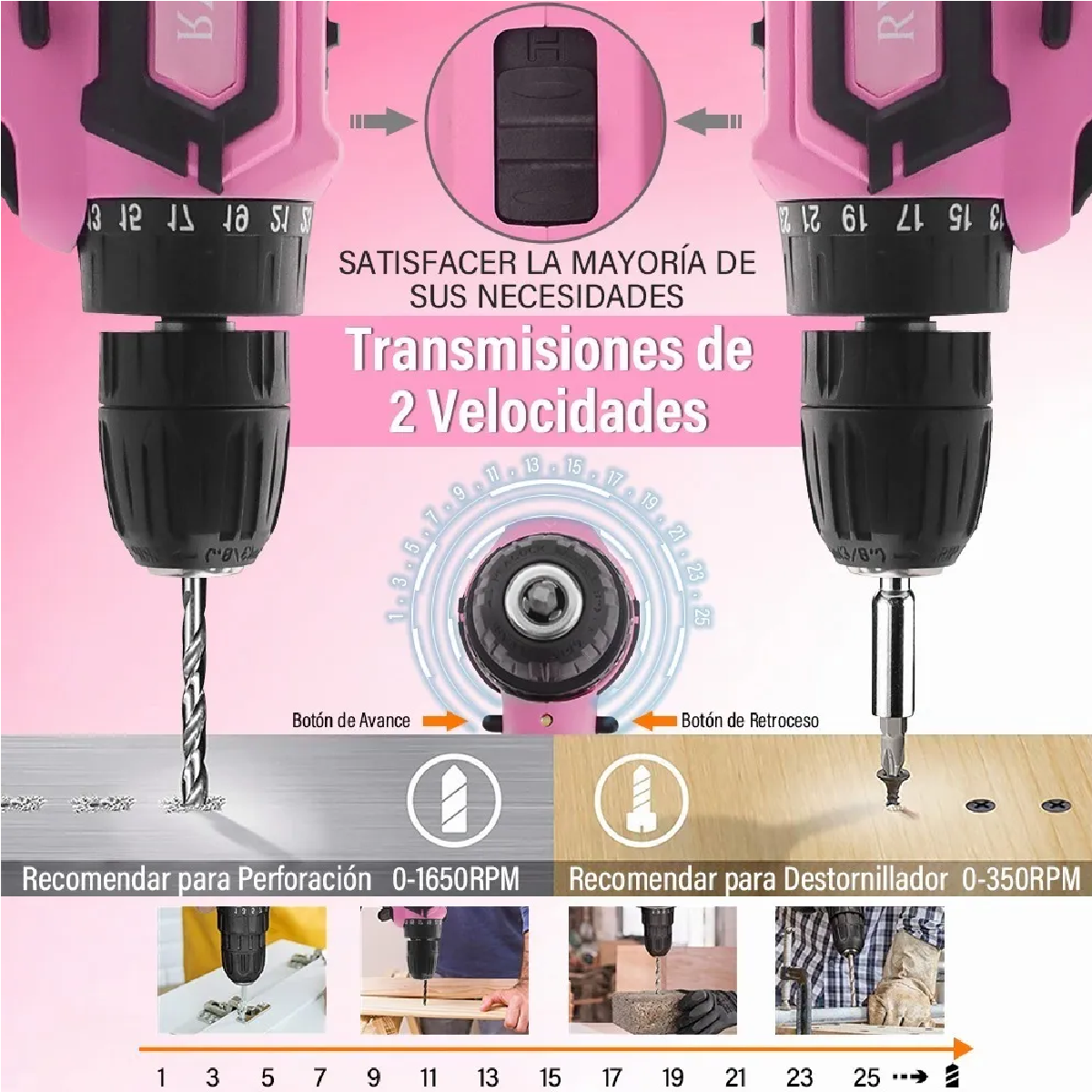 Taladro Electrico Inalambrico Rosa 