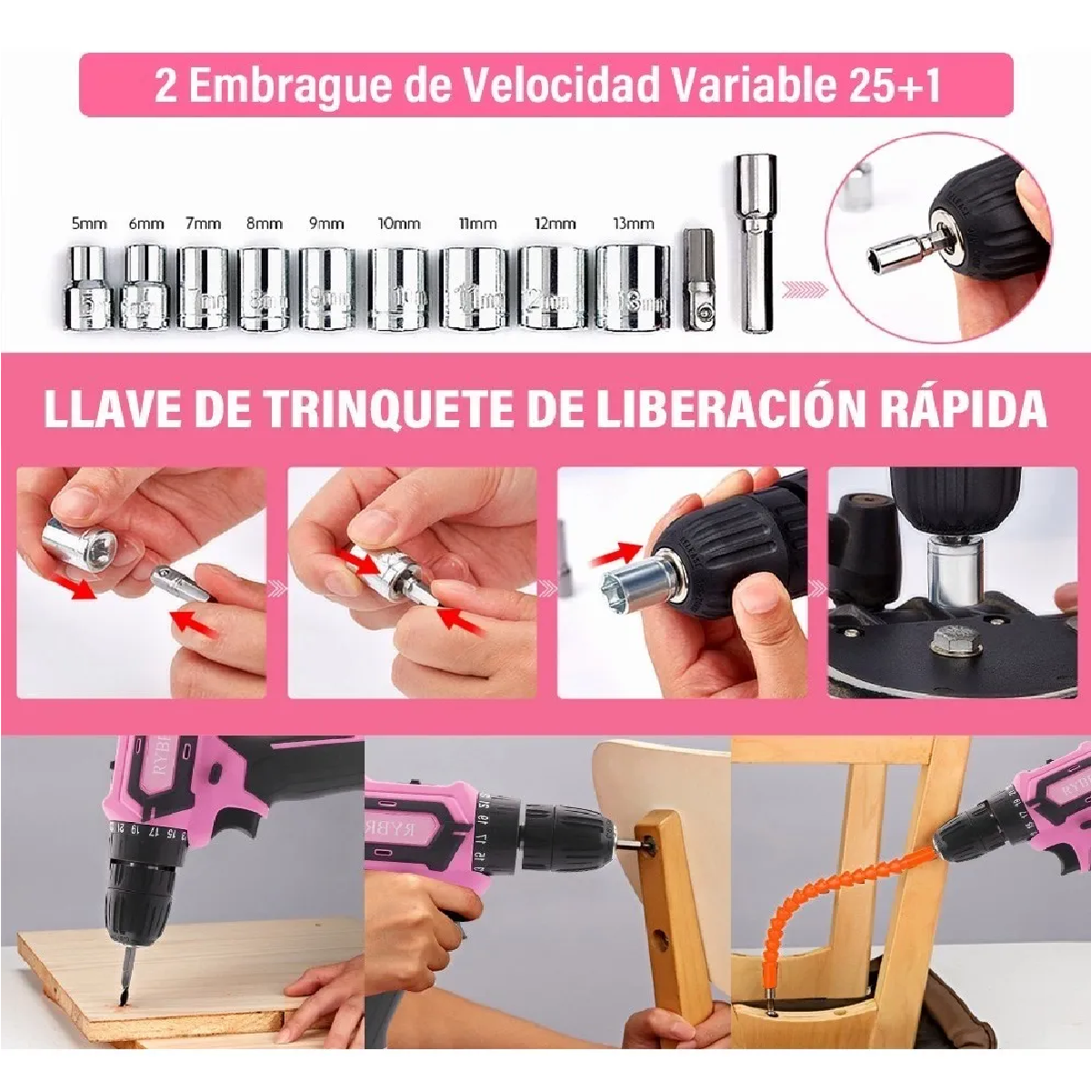 Taladro Electrico Inalambrico Rosa 