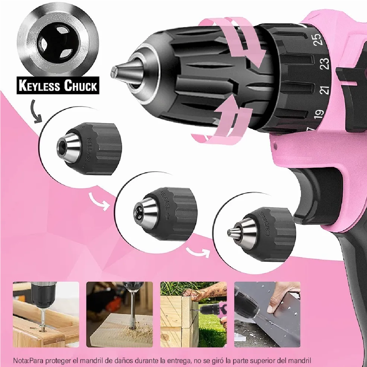 Taladro Electrico Inalambrico Rosa 