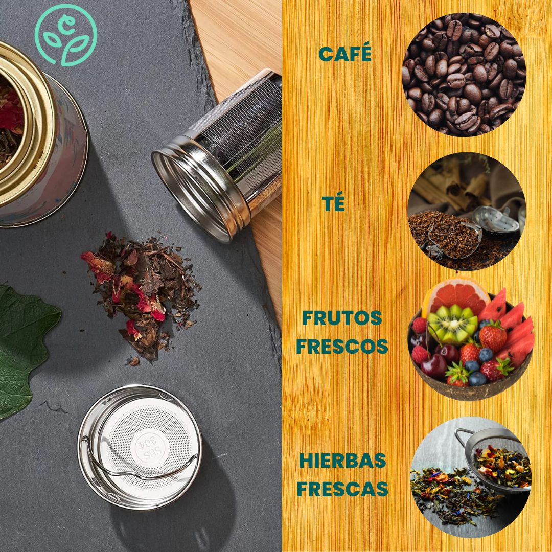 CARAVIAN Termo de Agua, Café y Té de 500 ml con Filtro de Acero Inoxidable para Infusiones, Vaso Térmico Ecológico de Doble Pared Recubierto de Bambú sin BPA  