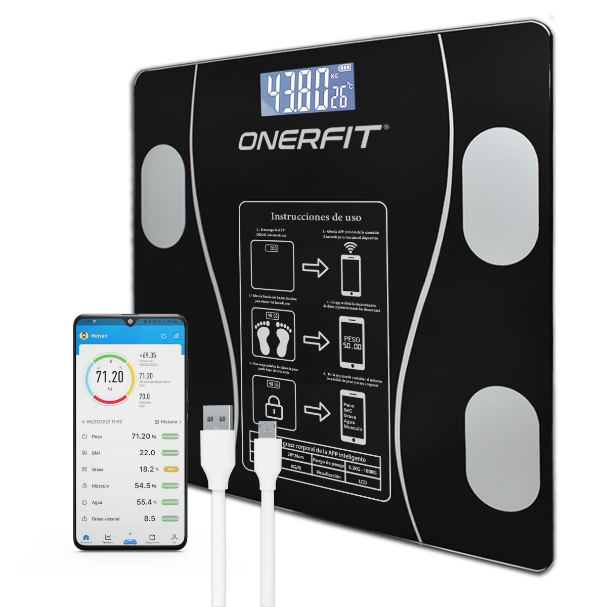 Bascula corporal digital Onerfit baño inteligente Bluetooth Fitness color Negro