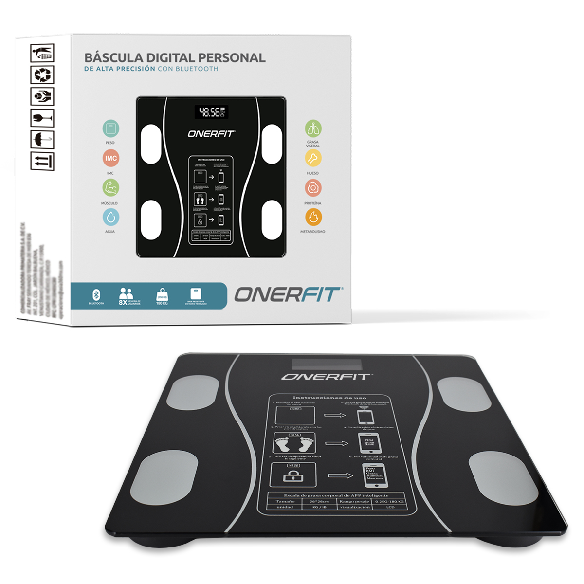 Bascula corporal digital Onerfit baño inteligente Bluetooth Fitness color Negro