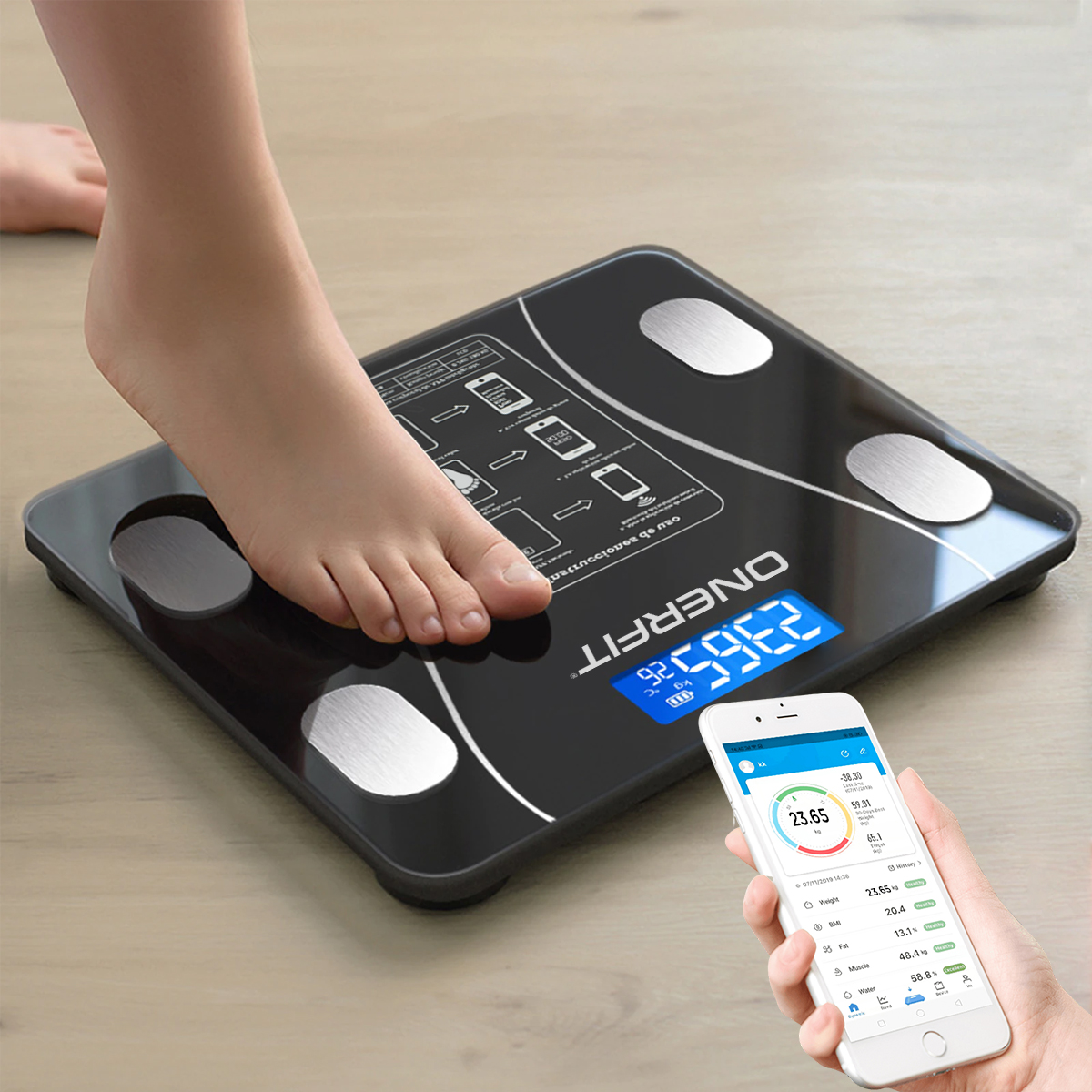 Bascula corporal digital Onerfit baño inteligente Bluetooth Fitness color Negro