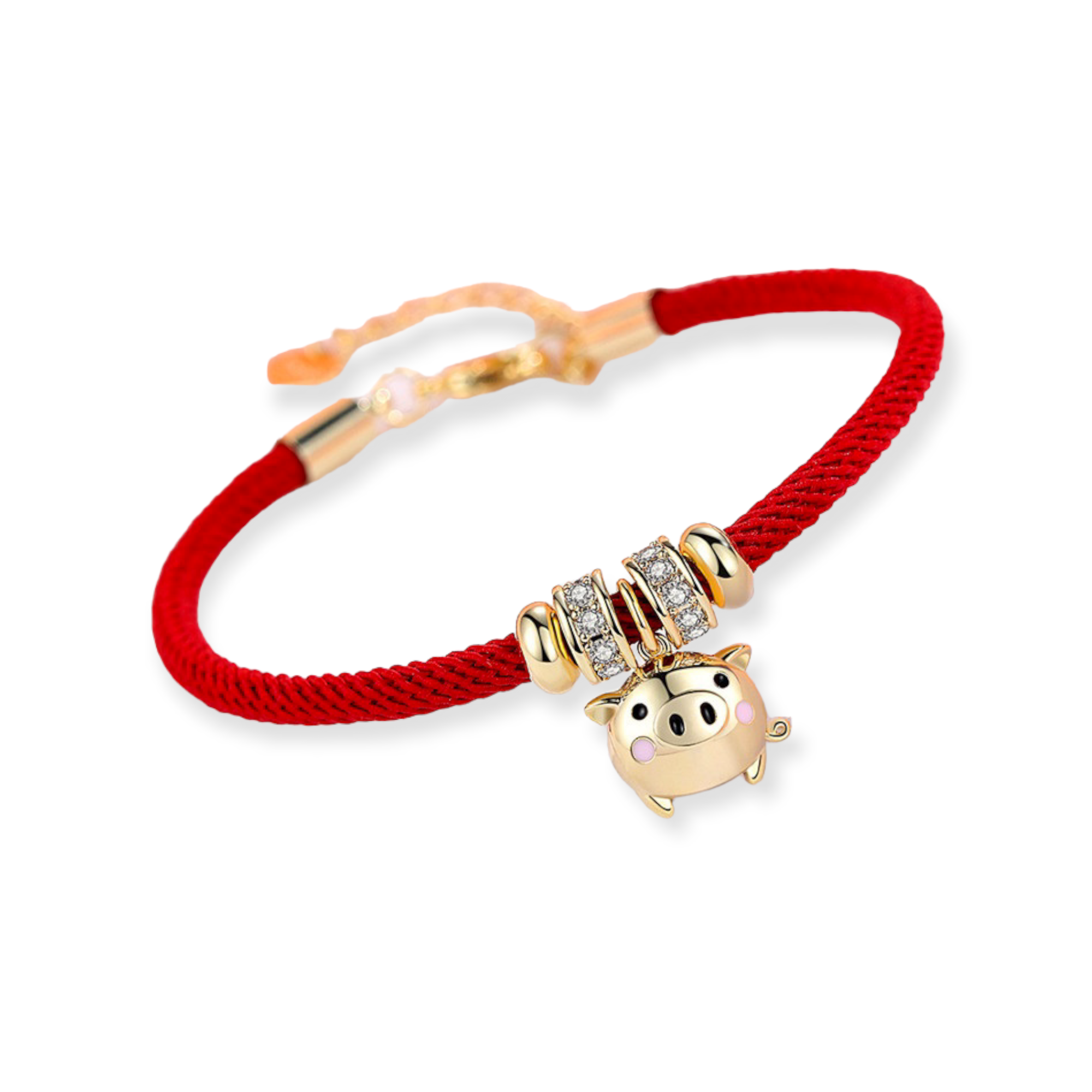 Pulsera De Cerdito Dorado Con Cuerda Roja