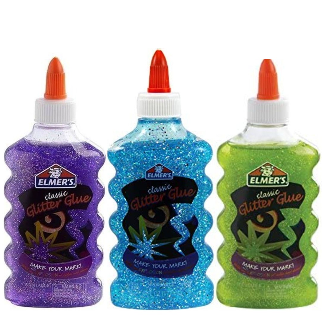 Elmer's Pegamento lavable con purpurina, botellas de 170 ml, 3 unidades, Morado/Azul/Verde