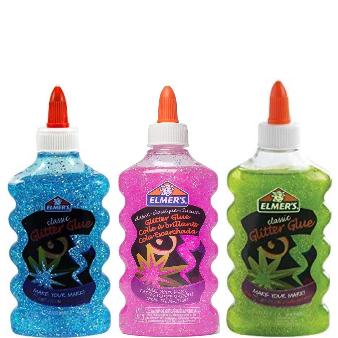 Elmer's Pegamento lavable con purpurina, botellas de 170 ml, 3 unidades, Azul/Rosa/Verde