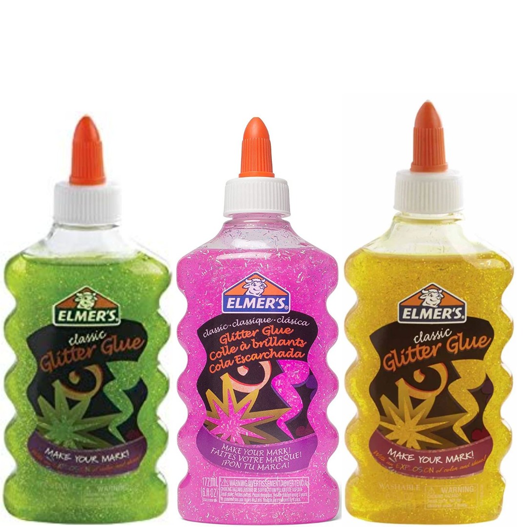 Elmer's Pegamento lavable con purpurina, botellas de 170 ml, 3 unidades, Verde/Rosa/Amarillo