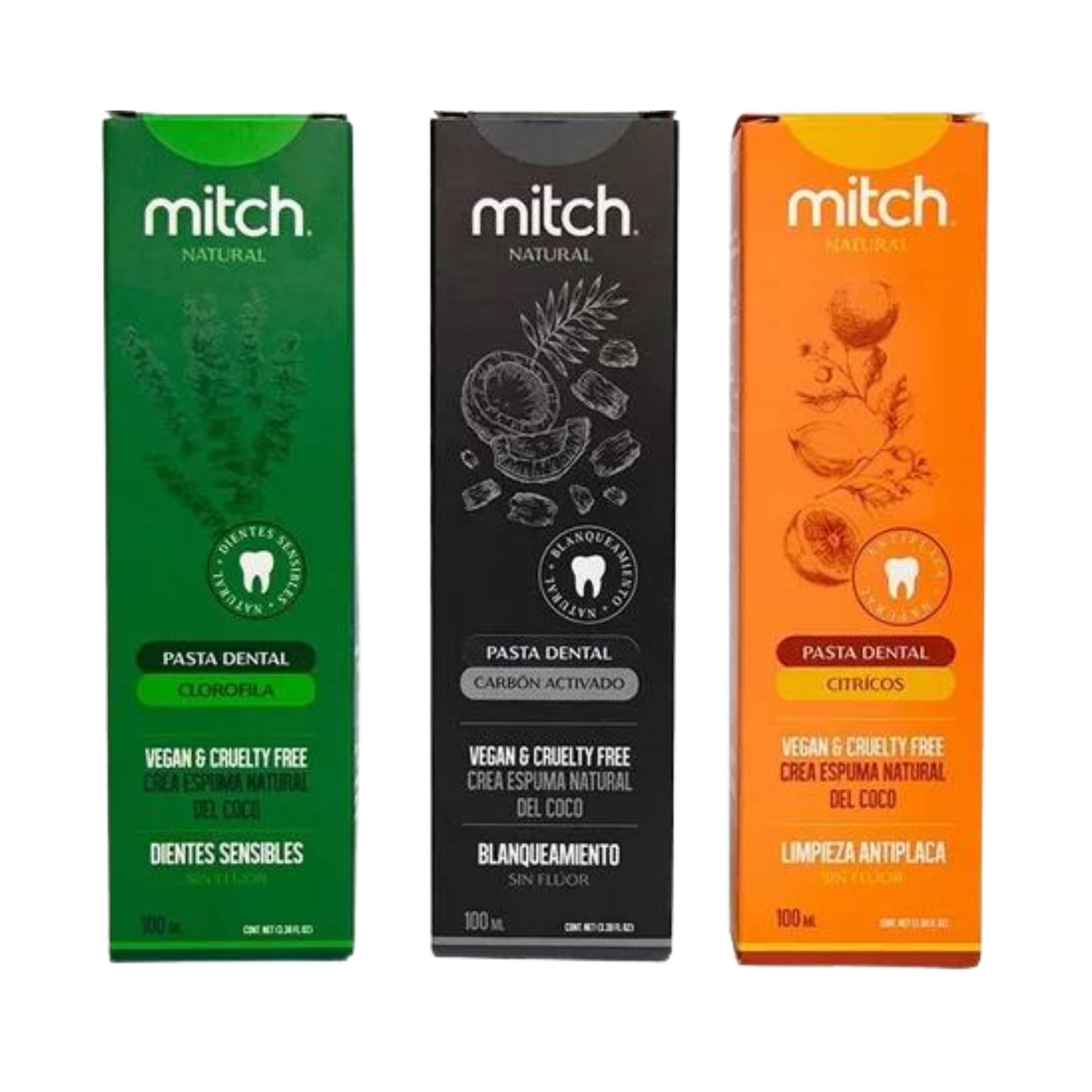 3 Pack Pasta Dental Mitch Clorofila + Cítricos + Carbón de 100ml