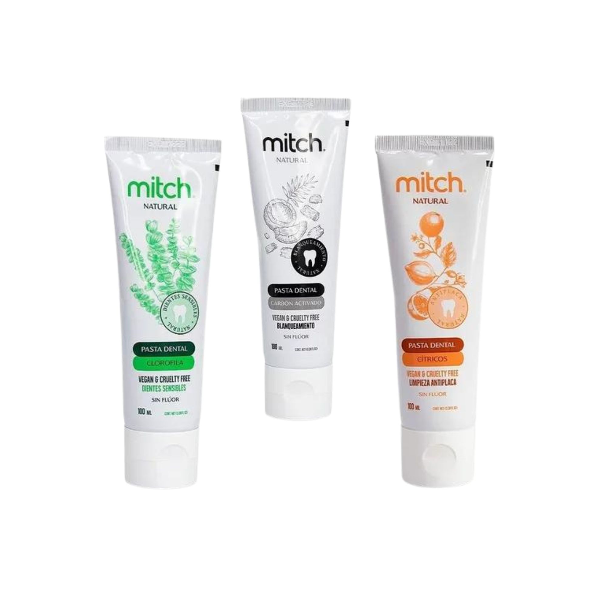 3 Pack Pasta Dental Mitch Clorofila + Cítricos + Carbón de 100ml