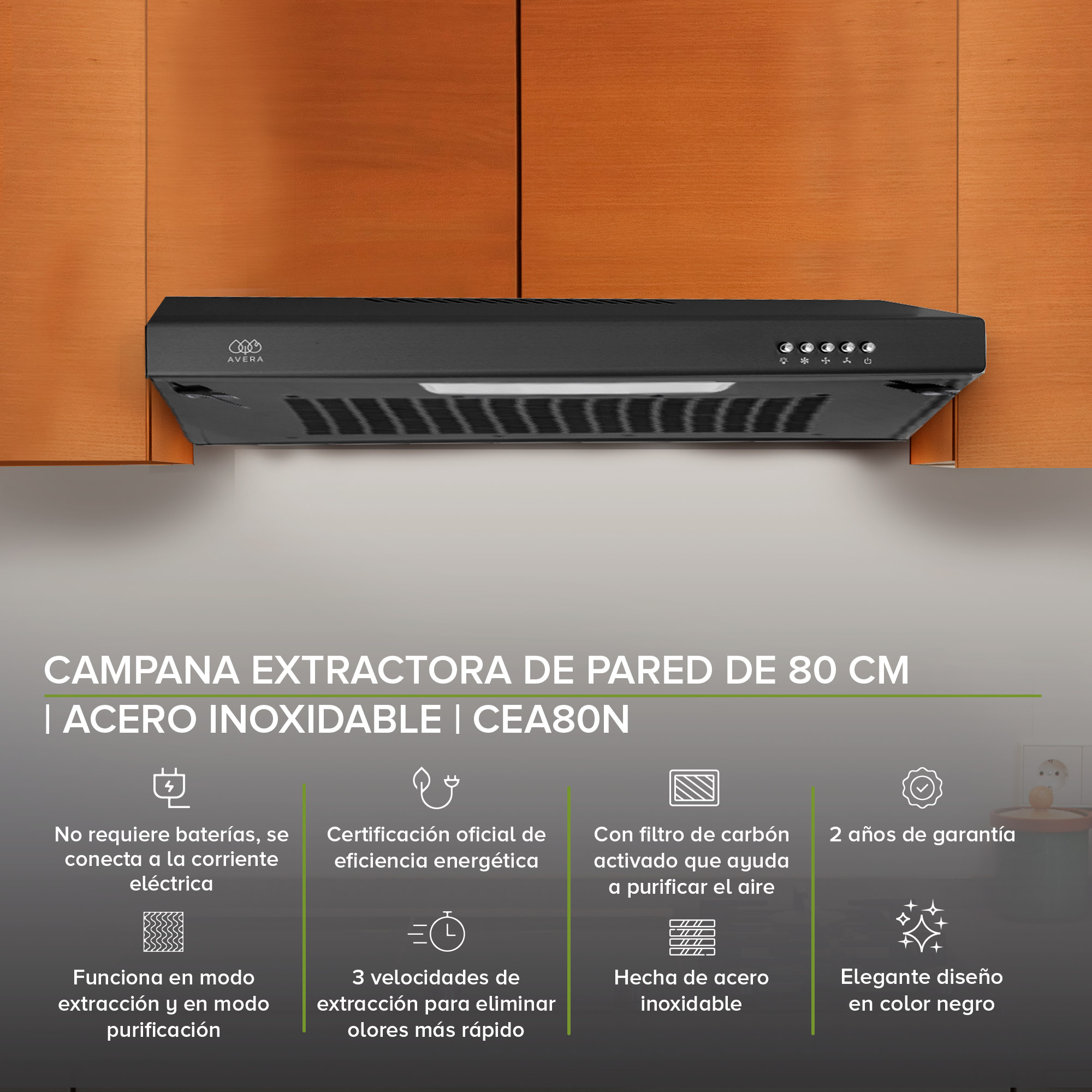 Campana Extractora Purificadora De Pared 80 cm Avera CEA80N