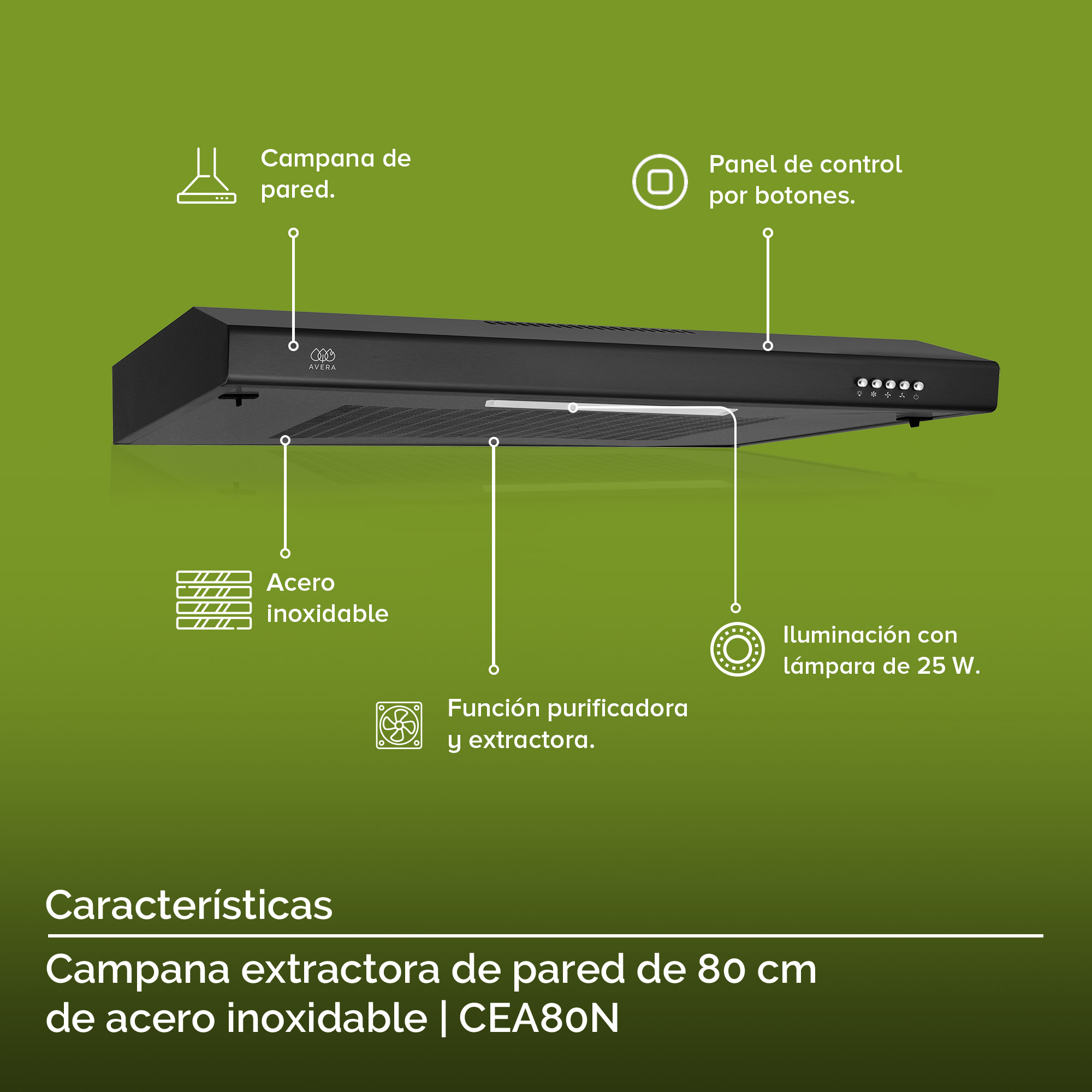 Campana Extractora Purificadora De Pared 80 cm Avera CEA80N