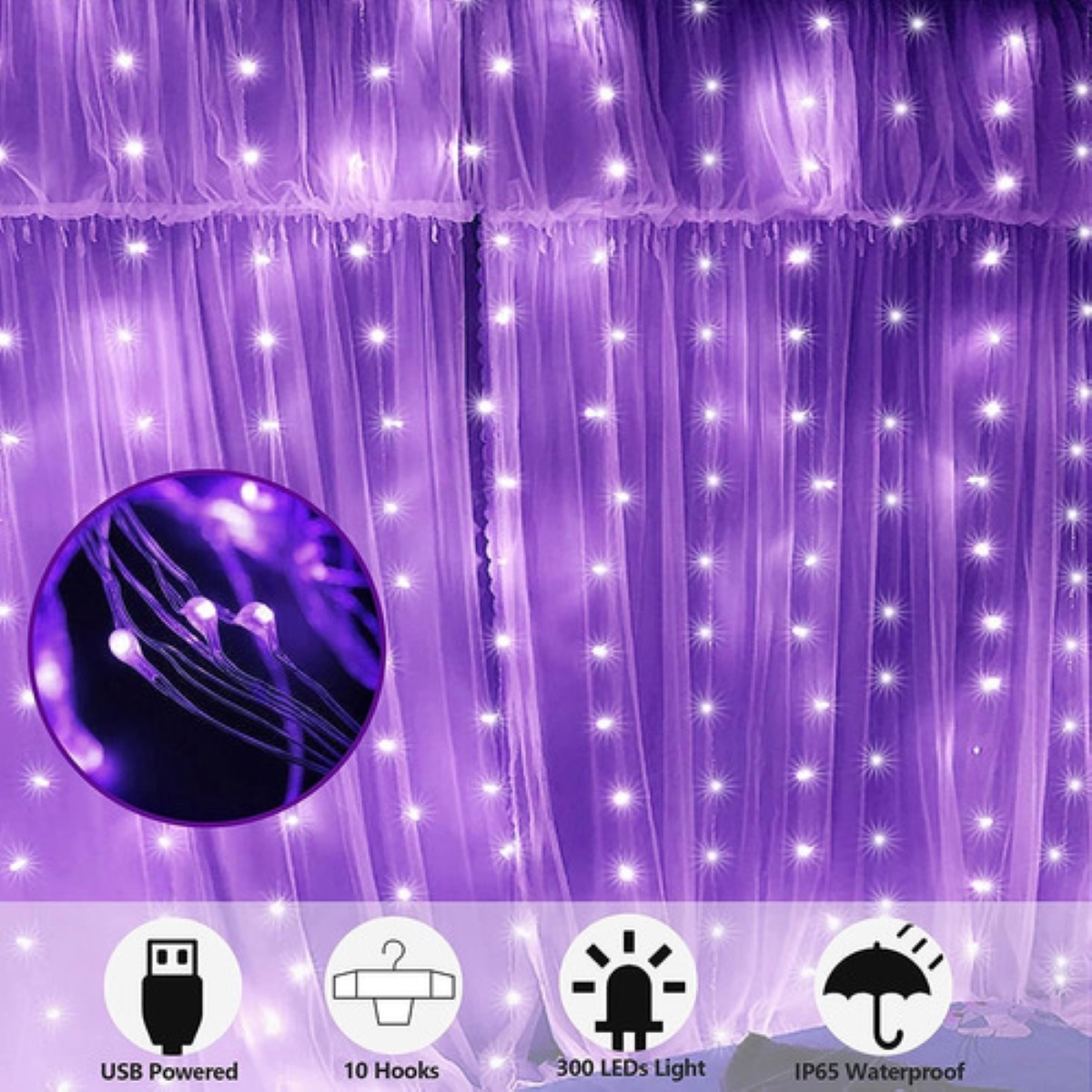 Cortinas Serie de 300 Luces Led Decorativas 3x3m Violetas 