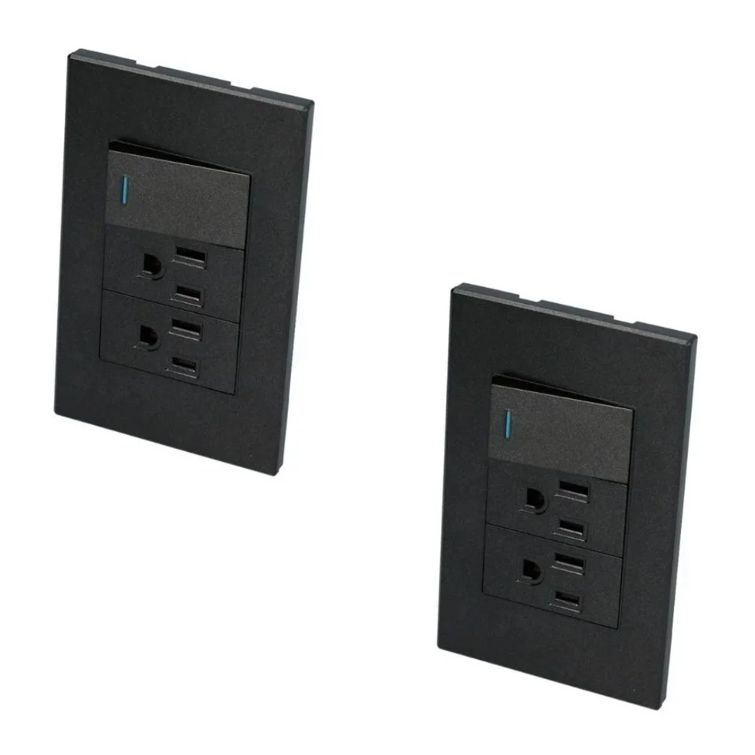 Kit De 2 Placas De Contacto Dúplex Con Apagador Color Negro